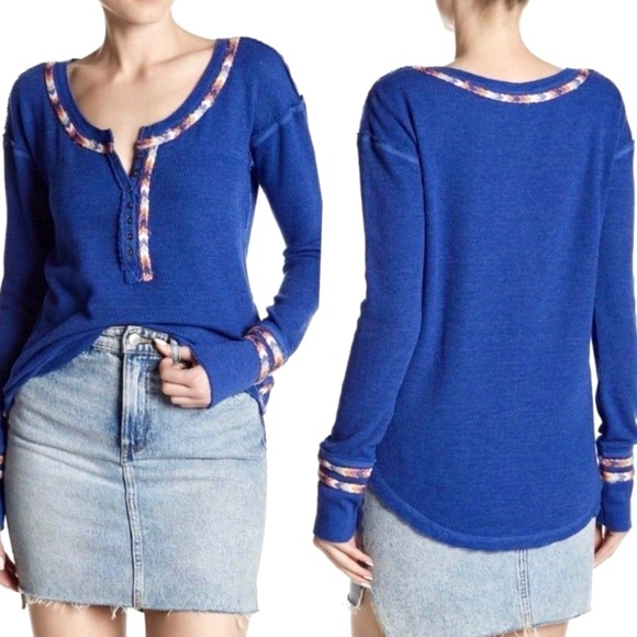 FREE PEOPLE Royal Blue Embroidered Thermal Top Boho Casual Loungewear Size S - Picture 4 of 10